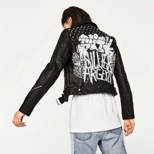 ZARA - Graffiti Studded Faux Leather Biker Jacket (Release Year 2017) - XL
